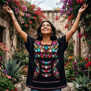 Mexican Embroidered Blouse – Handmade Otomi Floral design  LARGE